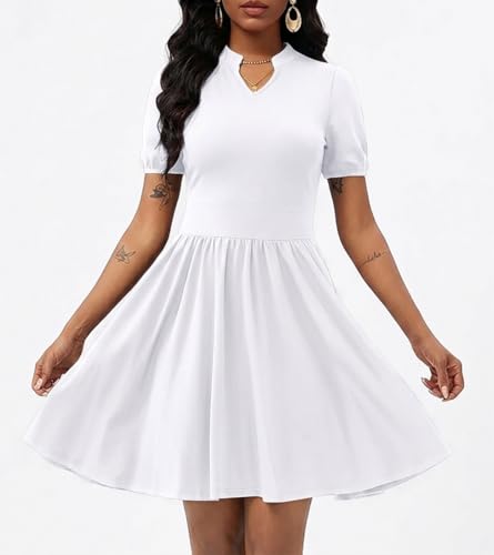 Image of Women's V Neck Summer Dress Puff Short Sleeve Flowy Stretchy Flowy Comfort Fit for Daily Wear Work Midi Casual Dresses