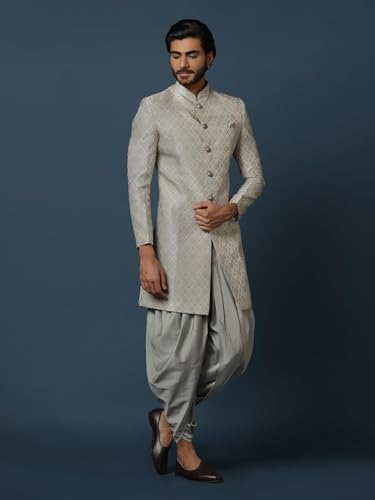 Men's Grey Jacquard Indowestern Sherwani & Dhoti Set – Regular Fit, Mandarin Collar | Indian Wedding & Festive Wear3