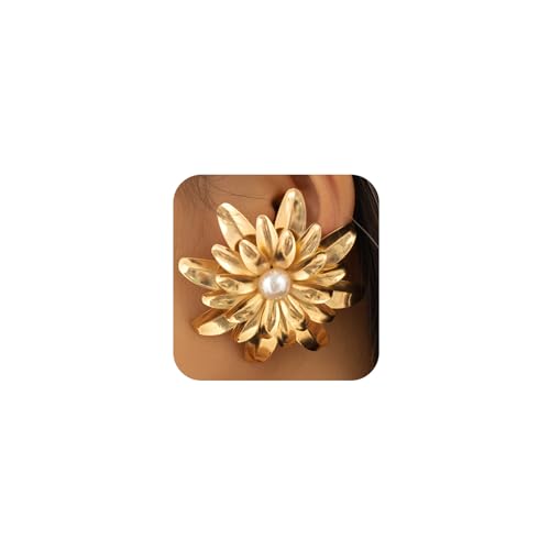 Vintage Gold Big Metal Flower Pearl Stud Earrings for Women Unique, Statement Exaggerated Large Floral Earring Silver Punk Bohemian Party Jewelry Gift