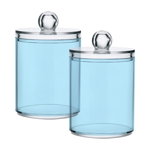 Light Blue Qtip Dispenser Apothecary Jars Bathroom Qtip Holder Storage Canister 10 Oz Plastic Jar for Cotton Ball Swab Round Pads Floss 2pcs