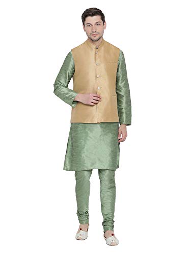 Elina fashion Men's Indian Silk Blend Kurta Pajama And Nehru Jacket (Waistcoat) Traditional Wedding Party Festivals Dress Set