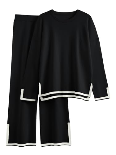 LILLUSORY Women Fall 2 Piece Lounge Set Outfits Sweatsuits Long Sleeve Sweater Tops Wide Leg Pants