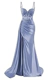 vintys Sparkly Spaghetti Straps Lace Appliques Prom Dresses for Teens with Slit Maxi Satin Ball Gown Sweetheart Formal Party Dresses Steel Blue