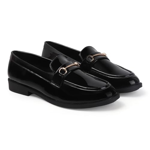 Image of Men's Black Patent Loafers | Glossy Slip-On Dress Shoes with Gold Horsebit Detail | Memory Foam Comfort for Tuxedo, Wedding, & Formal Wear | The Executive Series