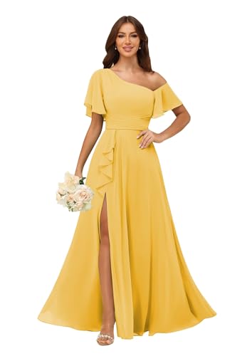 Image of One Shoulder Bridesmaid Dresses for Women with Pockets Short Sleeve Ruffled Chiffon Formal Evening Gowns