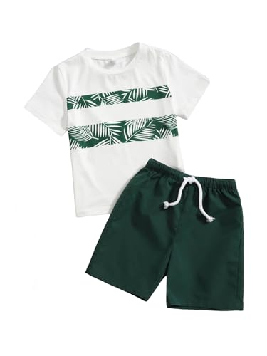 Image of Floerns Boy's 2 Piece Outfit Tropical Print Short Sleeve Tee with Shorts Set Green 6Y