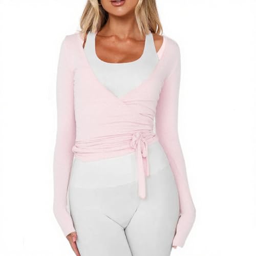 Women Wrap Top Long Sleeve Deep V Neck Cross Tie Workout Ballet Pilates Yoga Shirt Pink S