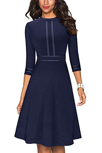 HOMEYEE A135 - Vestido vintage para mujer, cuello redondo, manga 3/4, estampado combinado, acampanado, vestido de cóctel Cover
