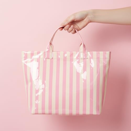 Image of Striped PVC Tote Bag for Women, Waterproof Plastic Hobo Handbag Summer Tote for Beach, Pool & Ideal Gift