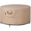 QH.HOME Fire Pit Cover Round-29-32 Inch Heavy Duty 900D Strong Tear-Resistant and UV Resistant and Waterproof and Fading Resistant Material Polyester Firepit Covers Round for Outdoor Fire Pit-Wheat