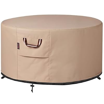 QH.HOME Fire Pit Cover Round-29-32 Inch Heavy Duty 900D Strong Tear-Resistant and UV Resistant and Waterproof and Fading Resistant Material Polyester Firepit Covers Round for Outdoor Fire Pit-Wheat