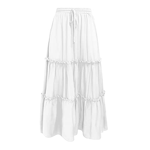 Broomstick Skirt For Teen Girls Women’s Elastic High Waist Boho Maxi Skirt Ruffle A Line Swing Long (White#555, L) #TOP13