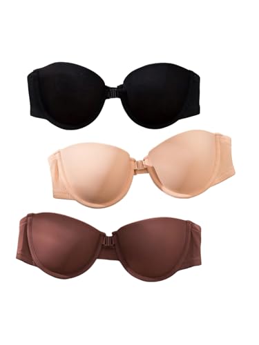 SOLY HUX Strapless Bras for Women 3 Piece Front Closure Underwire Bra Bandeau Invisible Bralette Multicoloured Large