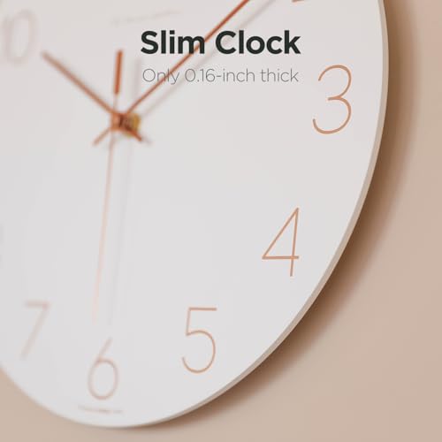 Image of mooas Flatwood Wall Clock (Rose Gold),12 inch Non-Ticking Sweep Movement | Decorative Battery Operated Wall Clock for Home Living Room Kitchen Bedroom Office School