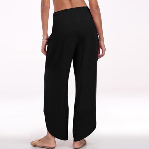 fanmpghleoo Harem Pants Women Cropped Wide Leg Linen Pants Summer Smocked Elastic Waist Yoga Pull On Capris with Pockets4