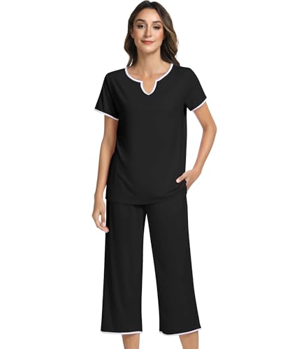 Image of NACHILA Women's Pajamas Set-Viscose Made from Bamboo,Short Sleeve Sleepwear Soft Pjs with Capri Pants Loose Loungewear