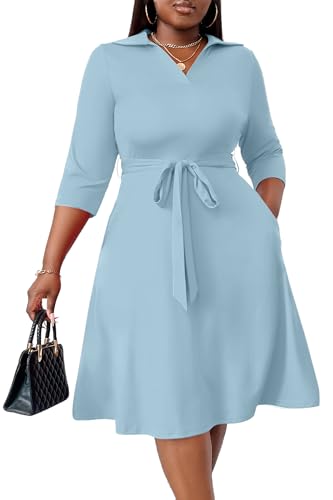 FANDEE Plus Size Midi Blue Dresses for Women - Blue Prom Birthday Dress 3/4 Sleeve V Neck, 2XL