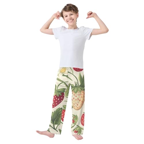 Strawberry and Floral Boys Long Pants Soft Trousers Elastic Waist Kids Lounge Bottoms with Pockets S-XL3
