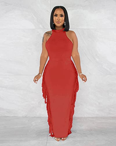 Image of YUEWOO 2 Piece Outfits for Women Sexy Crop Top Ruched Bodycon Maxi Dresses Fringe Skirt Sets Night Club Jumpsuits