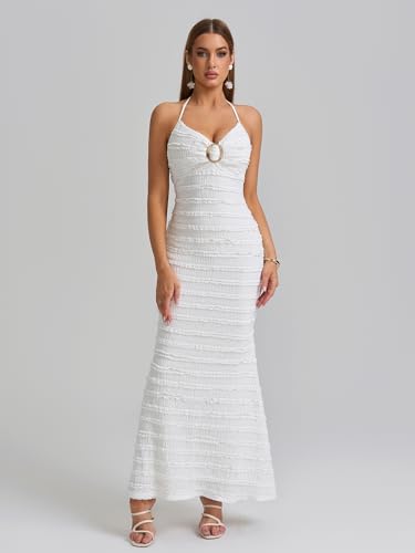 HTZMO Women Elegant Summer Casual Bodycon Maxi Dress Sexy V Neck Halter Ruffle Wedding Guest Formal Long Dresses3