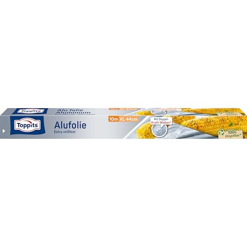 Toppits Alufolie - 1 x 10m extrabreit 44cm Extra Reißfest, Doppel-Kraft-Waben, Ideal zum Kochen, Grillen & Frischhalten