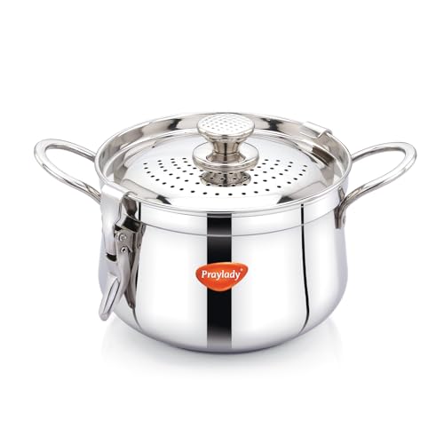 Image of Praylady Baby Boss Chef-Grade Stainless Steel Strainer Pot | 6L | 24 CM | Lock-&-Pour Lid | Induction Compatible | Cook & Drain Pot for Pasta, Rice, Maggi & Spaghetti | ISI & BIS Certified