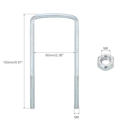 Image of uxcell Square U-Bolts, 8 Sets 60mm Inner Width 150mm Length M8 Zinc-Plated Carbon Steel U Clamp Bolt with Nuts and Plates, for Boat Trailer