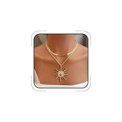 Yepelesi Sun Necklace for Women 14K Gold Silver Plated Layered Charm Necklace Double Chain Charm Pendant Necklaces Trendy Daily Wear Statement Jewelry Gift (Gold)