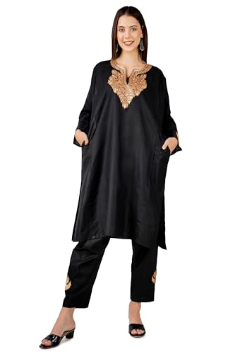 Kashmiri Tilla Embroidered Loose Kurti with Bottom Pant, Cotton Kurti with Pant Set, Kashmiri Tilla Embroidered Loose Fit Kurti Pant Co-ord Set, Kashmiri Pheran Type Cotton Coord Set (black)