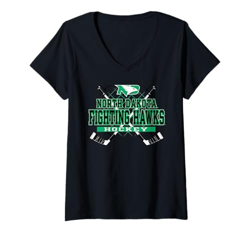 Womens North Dakota Fighting Hawks Hockey Sticks V-Neck T-Shirt