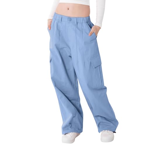 Image of Rolanko Girls Cargo Pants Wide Leg Streetwear Kids Pants with Pockets Trendy Jogger Trousers 4-14 Years