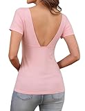 Camisetas Rosa Mujer Manga Corta Cuello Cuadrado con Espalda Descubierta Blusas Mujer Verano Elegantes Corte Ajustado Top Sexy Moda Casual Y2K L