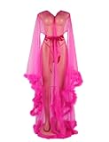 ohyeah Women Faux Fur Robe Long Sleeve Nightgowns Tulle Lingerie Pink Lace Sheer Mesh Long Lingerie Robes with Belt