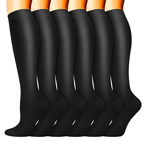 Sooverki Compression Socks for Women & Men 6 Pairs is Best Supportive Knee High Stockings for Running Athletic Work Travel Black Nylon Polyester Gifts Soccer Plain