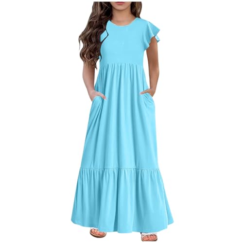 Girl's Solid Ruched Trendy Summer Dress High Elastic Ruffle Short Sleeve Dresses Side Pocket Simple Maxi Sundress