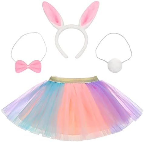 LyssKMK Girls Tutu Skirt, Bunny Tutu Costume for Girls Headband Set, Tulle Dress Outfit for Little Girls Cosplay Animal Theme Party Favors 4-5Y