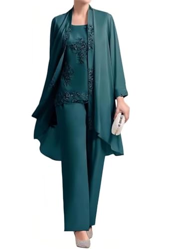 3 Pieces Mother of The Bride Pant Suits - Chiffon Plus Size Wedding Guest Dress Lace Applique Formal Outfit with Jackets
