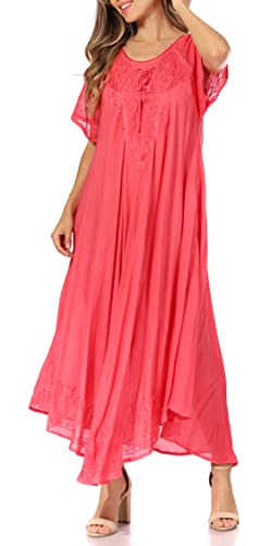 Image of Sakkas Egan Long Embroidered Caftan Dress /Cover Up with Embroidered Cap Sleeves