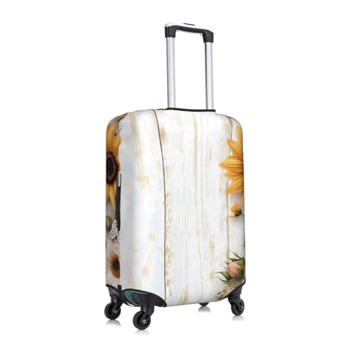 Wood Grain Sunflower Elastic Travel Luggage Cover, Washable Spandex Suitcase Protector, Anti-Scratch Fits 18-32 Inch3