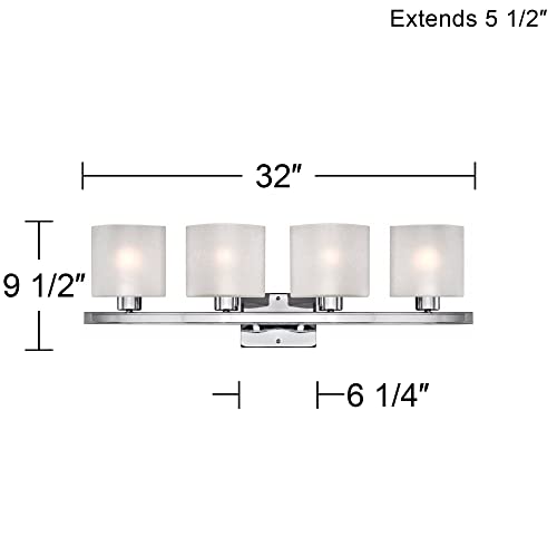 Image of Possini Euro Design Modern Wall Light Chrome Silver Metal Hardwired 32 inch 4-Light Fixture White Linen Glass Shades for Bedroom Bathroom Mirror Vanity Reading Living Room Hallway House Home Decor