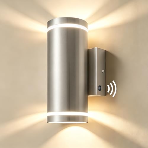 JNR Außenlampe mit Dämmerungssensor Edelstahl IP65 Wasserdichte LED Aussenleuchte mit Lichtsensor Außen inkl. 2x 5W GU10 3000K Warmweiß Glühbirne, Silber