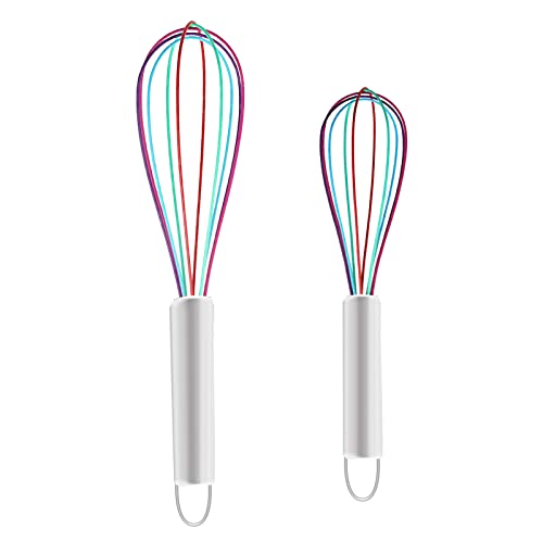 2 PCS Silicone Whisk Set, Colourful Mini Whisks Silicone Wire Hand Kitchen Whisks Rainbow Egg Beater Non-Stick Manual Egg Whisks with Grip Handle (8 &10 inch)