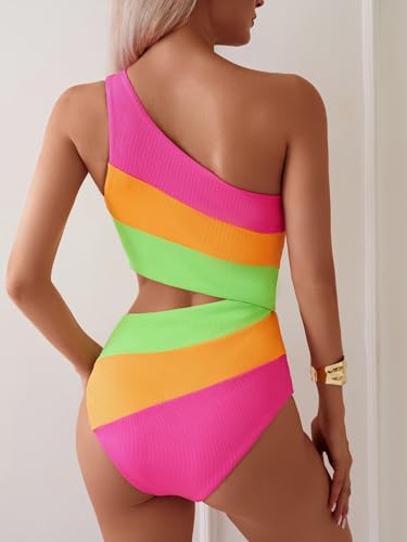 TASHEHE Women's One Shoulder One Piece Swimsuit Sexy Neon Color Block Bathing Suit Modest Full Coverage Cutout Swimwear3