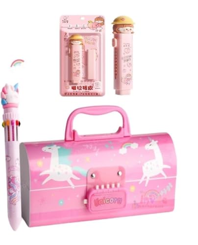 Image of WORSHIPER New Cartoon Theme Pencil Box with Push Pull Eraser Set for Kids | Suitcase Style Password Lock Stationery Organizer | School Supplies Gift Combo for Boys & Girls (Pink Unicorn + Eraser)