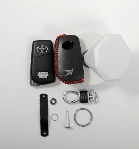 Image of Leather Smart Car Key Cover Case with Metal Hook Keychain for Toyota Corolla Altis Innova Crysta (Black)