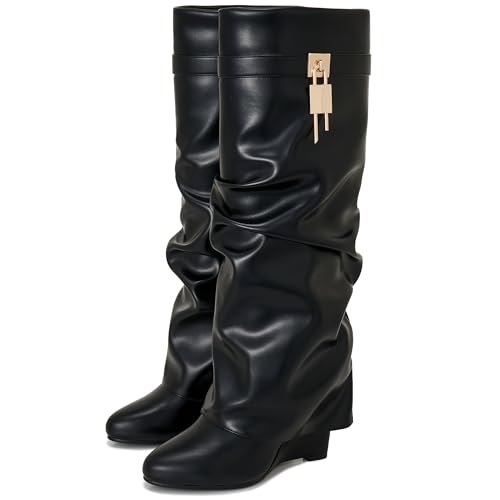 Image of Fold Over Knee High Boots for Women Pointy Pull-on Wedge Heel Knee Shark Boot With Side Zipper Covered Wedge Heel Padlock Boot