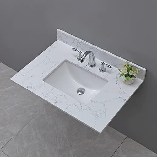 Montary 31"x 22" Bathroom Vanity Top Lightning White Engineered Marble Stone 3 Faucet Hole Vanity Top With Undermount Ceramic Sink And Backsplash