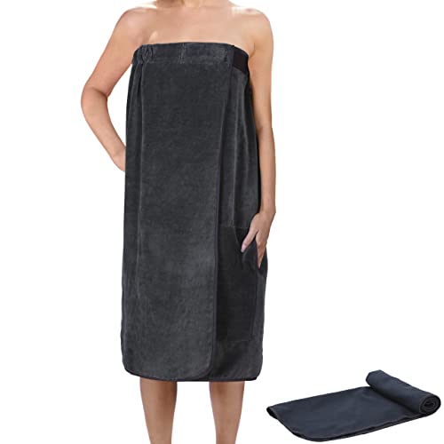 valuents Saunakilt für Damen aus Baumwolle - grau - one Size Saunahandtuch mit Klettverschluss 80x130cm +Plus: Handtuch Cover