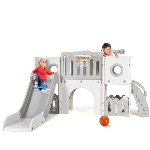 MAMIZO Toddler Slide, 9 in 1 Kids Slide and Climber Playset, Indoor Outdoor Playground for Children, w/Basketball Hoop & Ball, Telescope, Tunnel, Storage Space