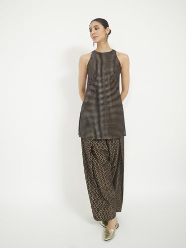 Image of FIORRA Women Black Printed Pure Cotton Straight Kurta with Farshi Salwar
